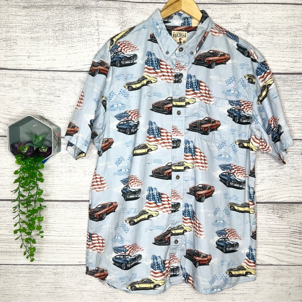 REDHEAD Casual Button Down Shirt USA FLAG Vintage Muscle Cars Auto Men’s Size XL